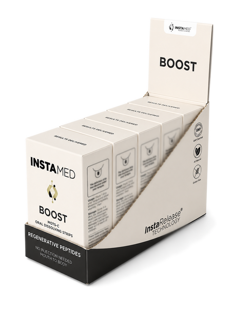 InstaMed BOOST MOTS-c oral dissolving strips in a five-box display case